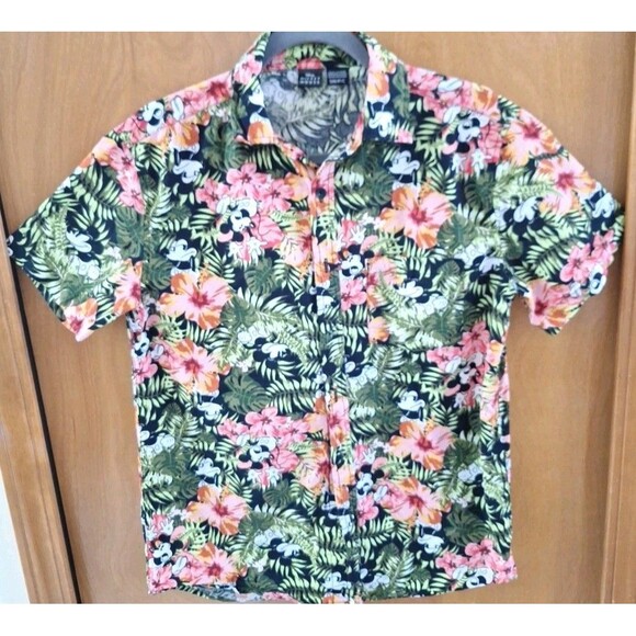 Mens Disney Mickey Mouse Tropical Floral Button Hawaiian Cotton Shirt Vacation S - Picture 2 of 12